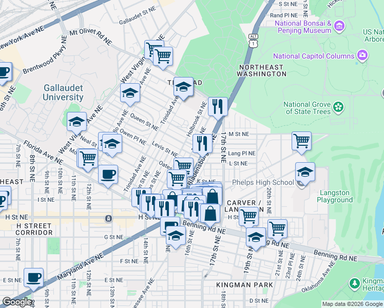 map of restaurants, bars, coffee shops, grocery stores, and more near 101 Independence Avenue Southeast in Washington