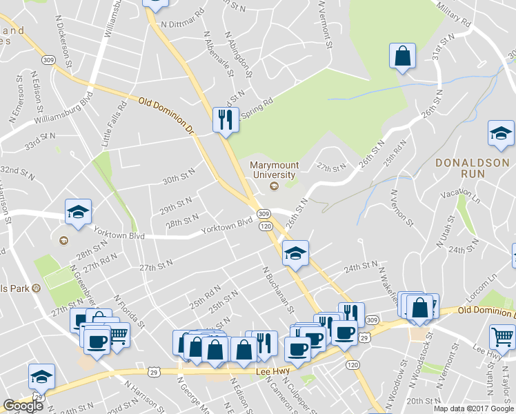 map of restaurants, bars, coffee shops, grocery stores, and more near Old Dominion Drive in Arlington