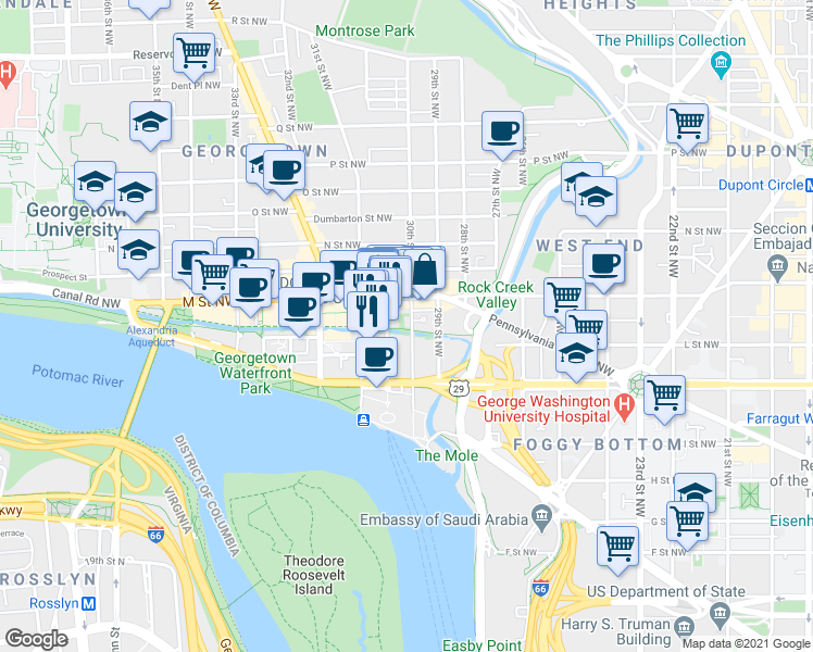 map of restaurants, bars, coffee shops, grocery stores, and more near 1058 30th Street Northwest in Washington