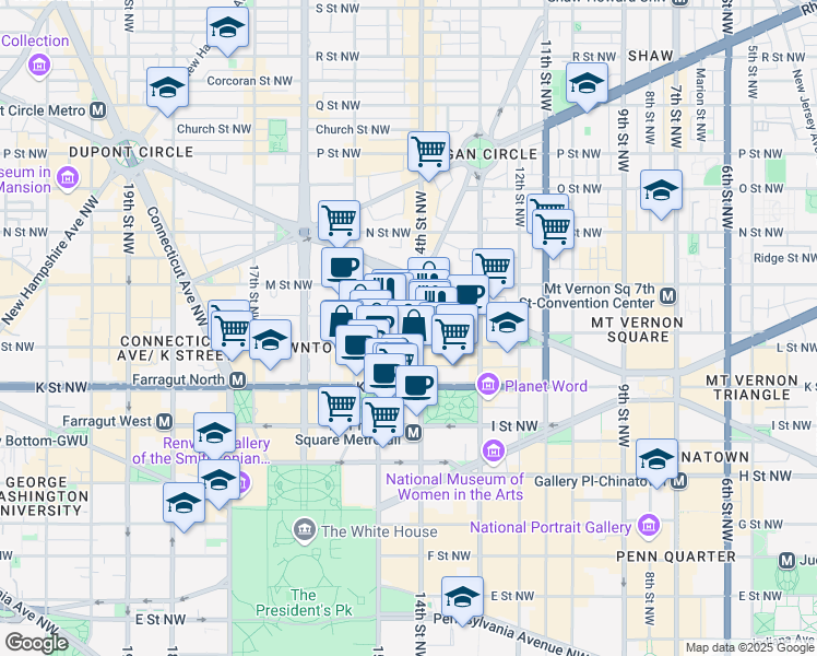 map of restaurants, bars, coffee shops, grocery stores, and more near 1199 Vermont Avenue Northwest in Washington