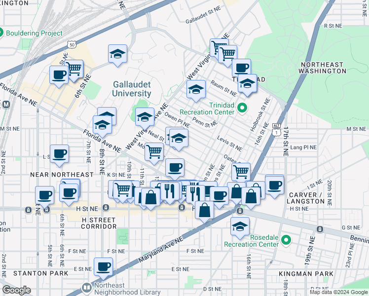 map of restaurants, bars, coffee shops, grocery stores, and more near 101 Independence Avenue Southeast in Washington