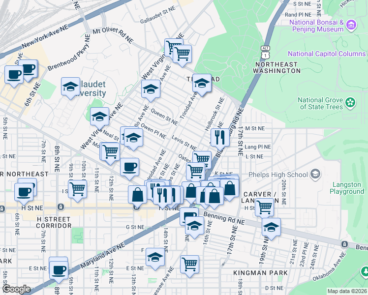 map of restaurants, bars, coffee shops, grocery stores, and more near 1420 Staples Street Northeast in Washington