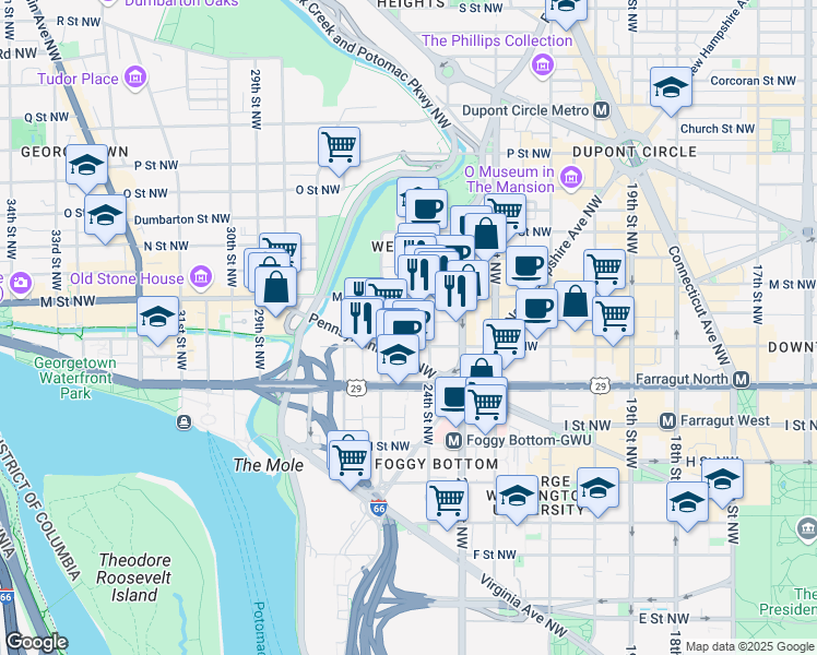 map of restaurants, bars, coffee shops, grocery stores, and more near 1104 24th Street Northwest in Washington