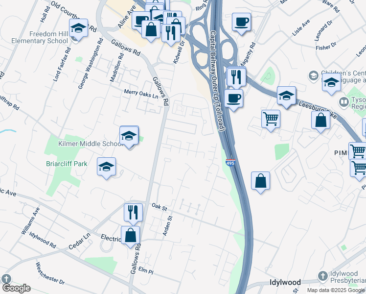 map of restaurants, bars, coffee shops, grocery stores, and more near 8010 Trevor Place in Vienna