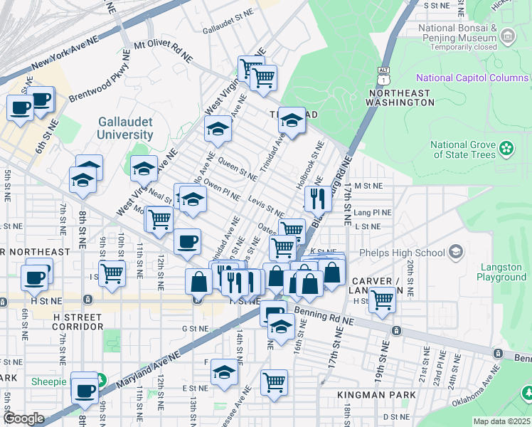 map of restaurants, bars, coffee shops, grocery stores, and more near 101 Independence Avenue Southeast in Washington