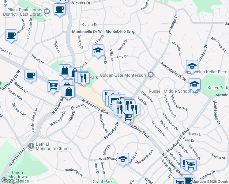 map of restaurants, bars, coffee shops, grocery stores, and more near 4975 El Camino Drive in Colorado Springs
