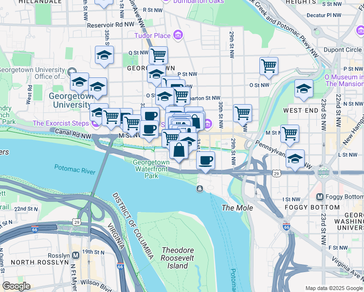 map of restaurants, bars, coffee shops, grocery stores, and more near 1055 Wisconsin Avenue Northwest in Washington