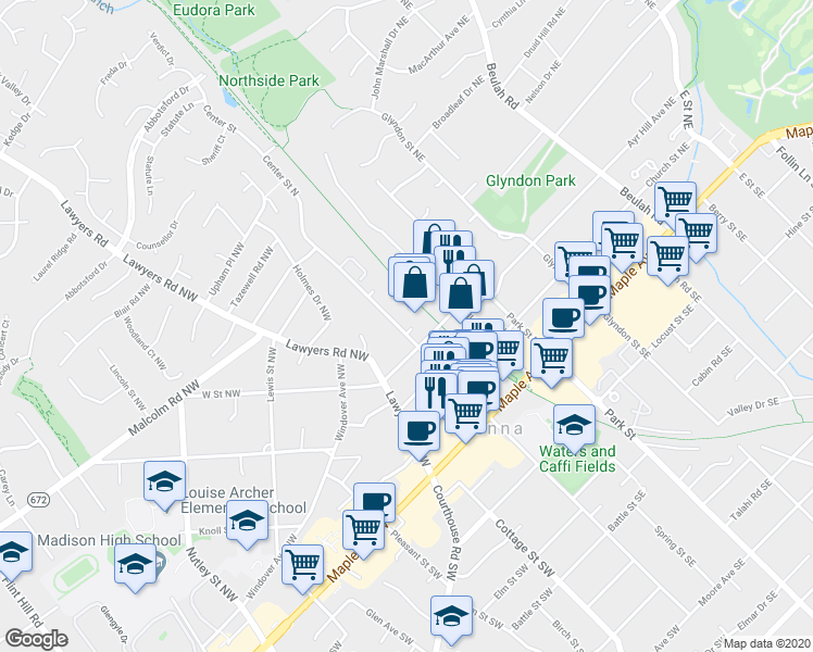 map of restaurants, bars, coffee shops, grocery stores, and more near 307 Center Street North in Vienna