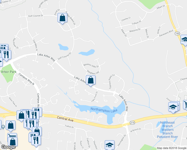 map of restaurants, bars, coffee shops, grocery stores, and more near 11007 Spyglass Hill in Bowie
