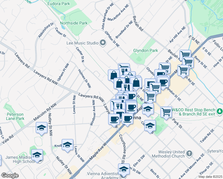 map of restaurants, bars, coffee shops, grocery stores, and more near 307 Center Street North in Vienna
