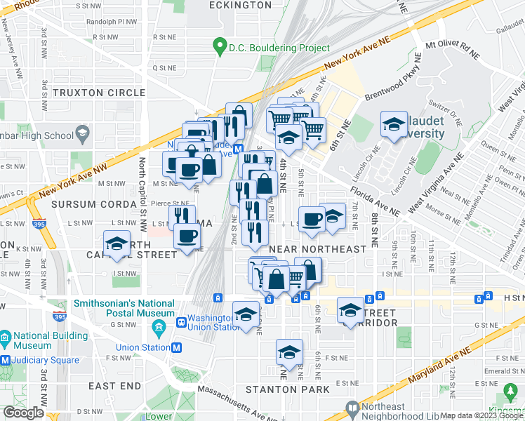 map of restaurants, bars, coffee shops, grocery stores, and more near 1123 3rd Street Northeast in Washington
