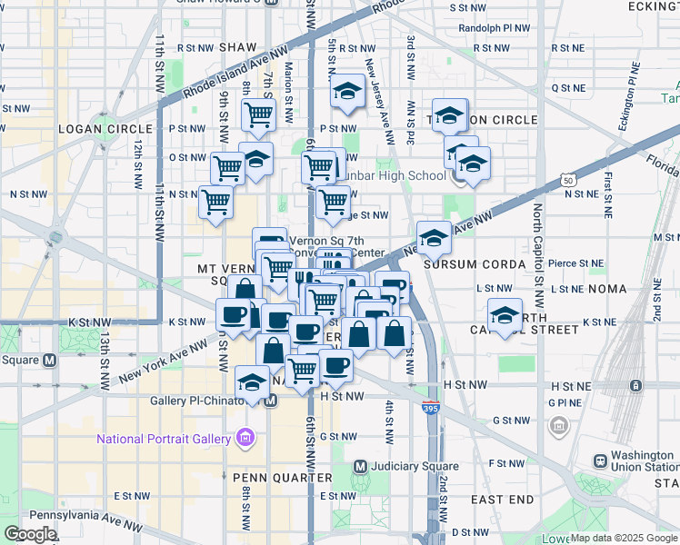 map of restaurants, bars, coffee shops, grocery stores, and more near 475 New York Avenue Northwest in Washington