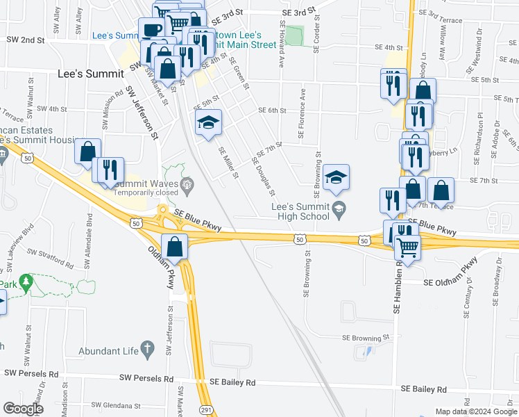 map of restaurants, bars, coffee shops, grocery stores, and more near 805 Southeast Miller Street in Lee's Summit