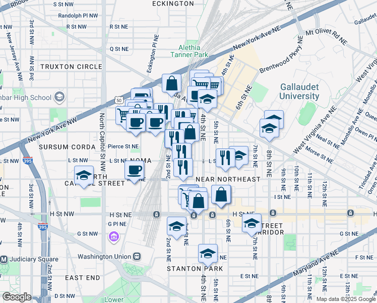 map of restaurants, bars, coffee shops, grocery stores, and more near 1123 3rd Street Northeast in Washington