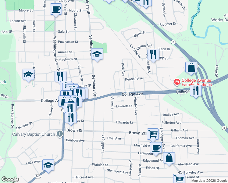 map of restaurants, bars, coffee shops, grocery stores, and more near 2926 College Avenue in Alton