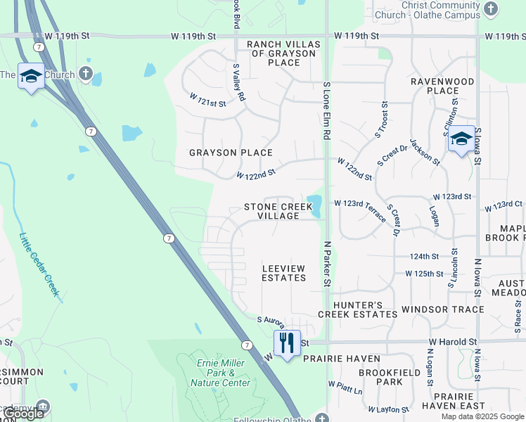 map of restaurants, bars, coffee shops, grocery stores, and more near 12396 South Prairie Creek Road in Olathe