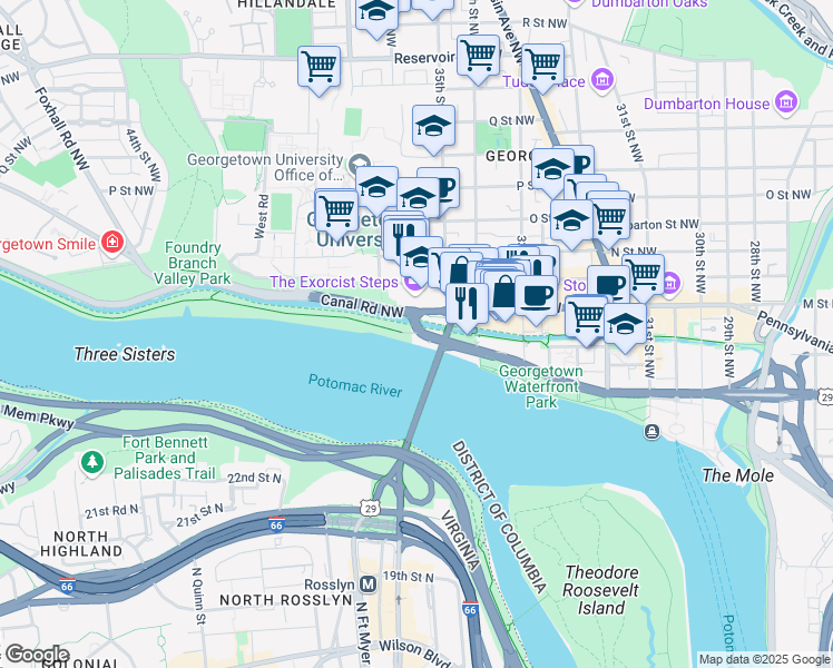 map of restaurants, bars, coffee shops, grocery stores, and more near 3700 Water Street Northwest in Washington