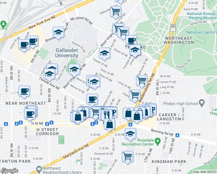 map of restaurants, bars, coffee shops, grocery stores, and more near 101 Independence Avenue Southeast in Washington