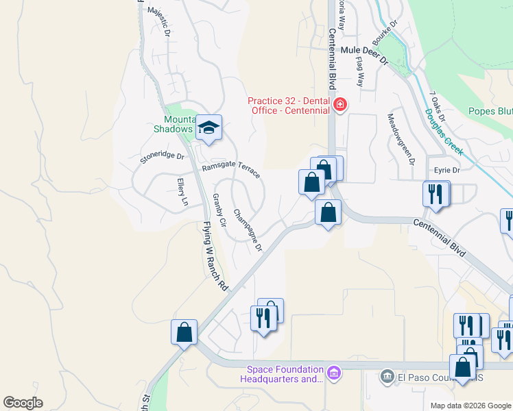 map of restaurants, bars, coffee shops, grocery stores, and more near 2145 Ramsgate Terrace in Colorado Springs