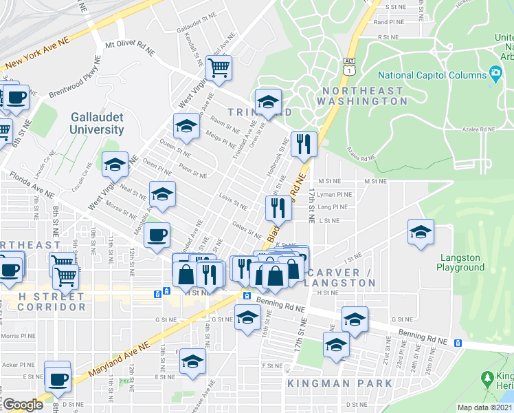 map of restaurants, bars, coffee shops, grocery stores, and more near 1457 Holbrook Street Northeast in Washington