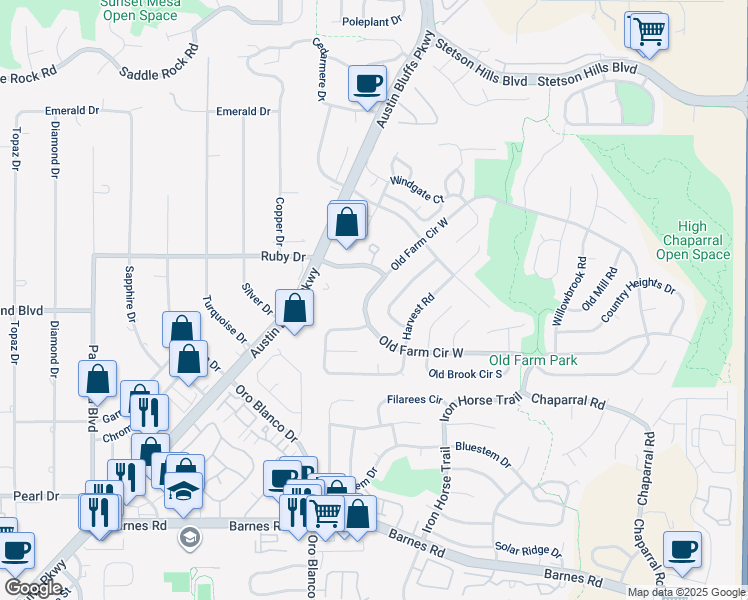 map of restaurants, bars, coffee shops, grocery stores, and more near 4850 Old Farm Circle West in Colorado Springs