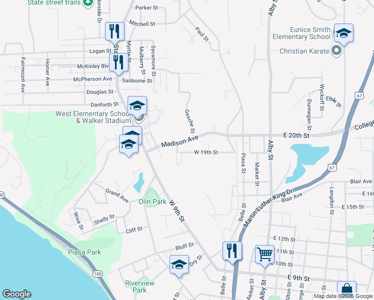 map of restaurants, bars, coffee shops, grocery stores, and more near 250 West 19th Street in Alton