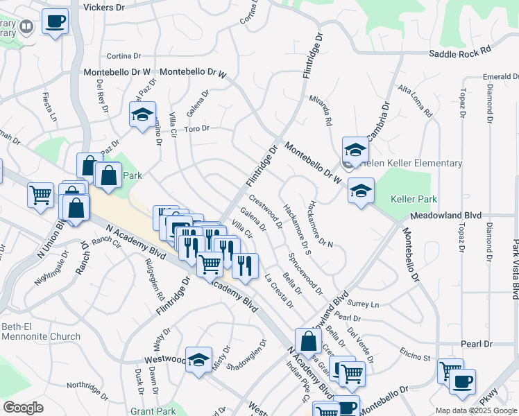 map of restaurants, bars, coffee shops, grocery stores, and more near  in Colorado Springs
