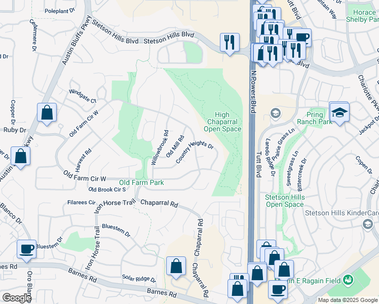 map of restaurants, bars, coffee shops, grocery stores, and more near 5530 Country Heights Court in Colorado Springs