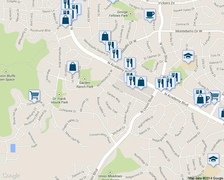 map of restaurants, bars, coffee shops, grocery stores, and more near 2404-2414 Garden Way in Colorado Springs