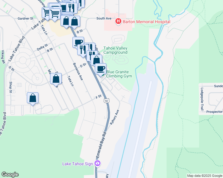 map of restaurants, bars, coffee shops, grocery stores, and more near 1327 Kyburz Avenue in South Lake Tahoe