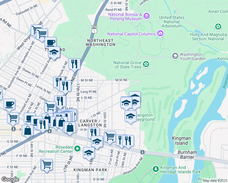 map of restaurants, bars, coffee shops, grocery stores, and more near 101 Independence Avenue Southeast in Washington