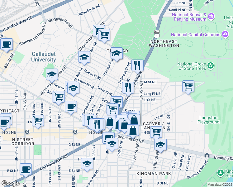 map of restaurants, bars, coffee shops, grocery stores, and more near 1457 Holbrook Street Northeast in Washington
