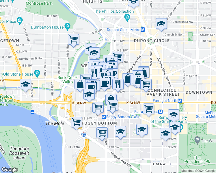 map of restaurants, bars, coffee shops, grocery stores, and more near 1111 23rd Street Northwest in Washington
