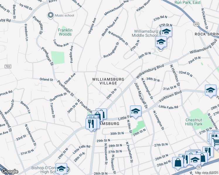 map of restaurants, bars, coffee shops, grocery stores, and more near 3513 North Ottawa Street in Arlington