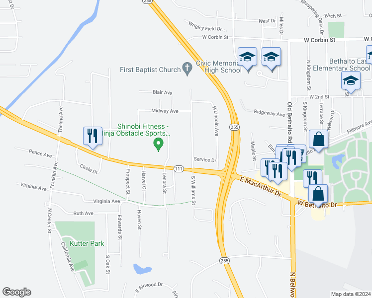 map of restaurants, bars, coffee shops, grocery stores, and more near 23 West Macarthur Drive in Madison County