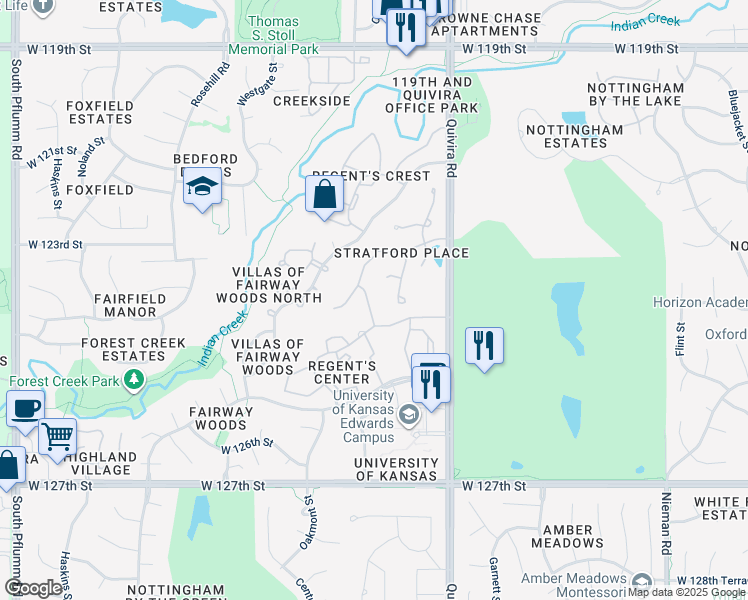 map of restaurants, bars, coffee shops, grocery stores, and more near 12229 Caenen Drive in Overland Park