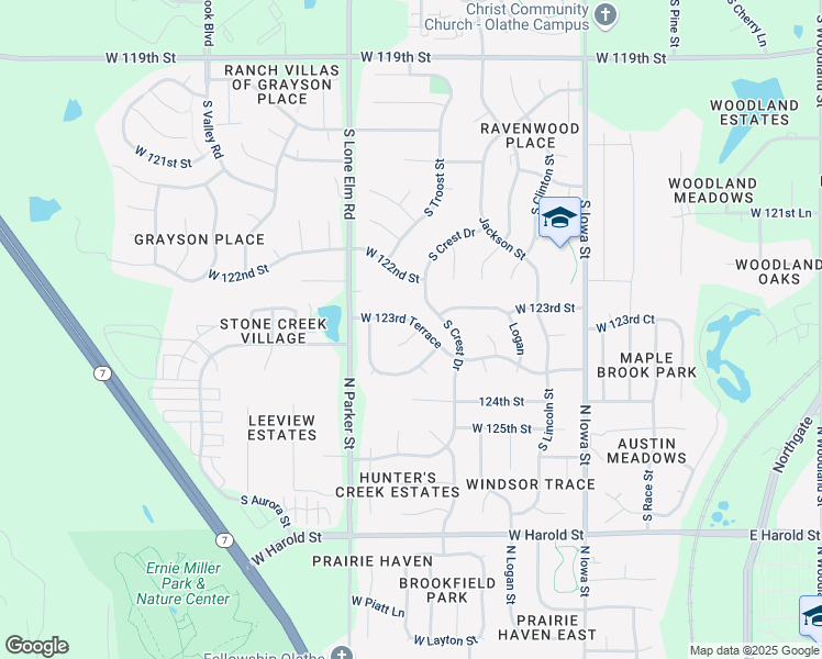 map of restaurants, bars, coffee shops, grocery stores, and more near 12443 South Parker Terrace in Olathe