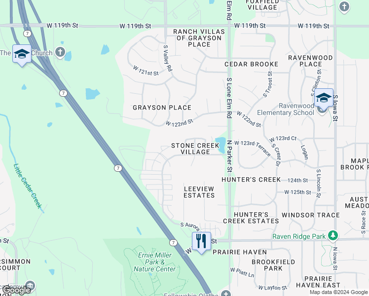 map of restaurants, bars, coffee shops, grocery stores, and more near 12396 South Prairie Creek Road in Olathe