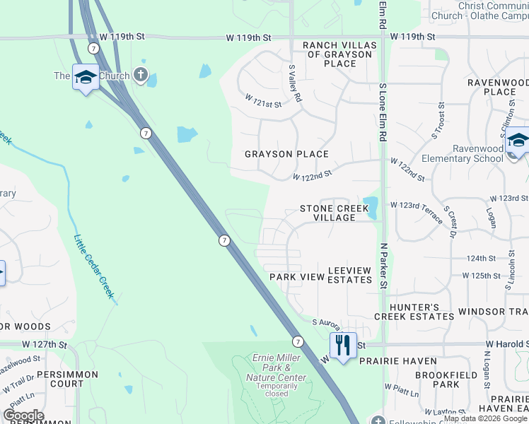 map of restaurants, bars, coffee shops, grocery stores, and more near 22131 West 124th Terrace in Olathe