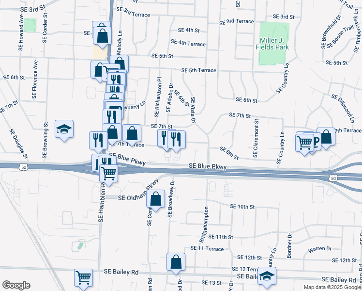 map of restaurants, bars, coffee shops, grocery stores, and more near 1012 Southeast Blue Parkway in Lee's Summit