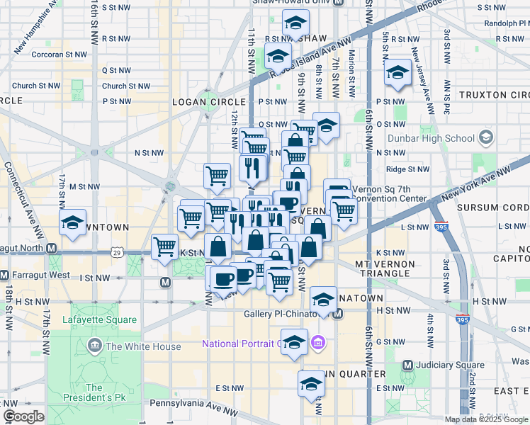 map of restaurants, bars, coffee shops, grocery stores, and more near 1001 L Street Northwest in Washington
