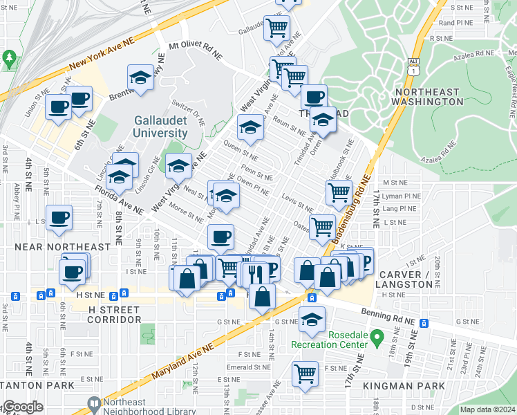 map of restaurants, bars, coffee shops, grocery stores, and more near 101 Independence Avenue Southeast in Washington