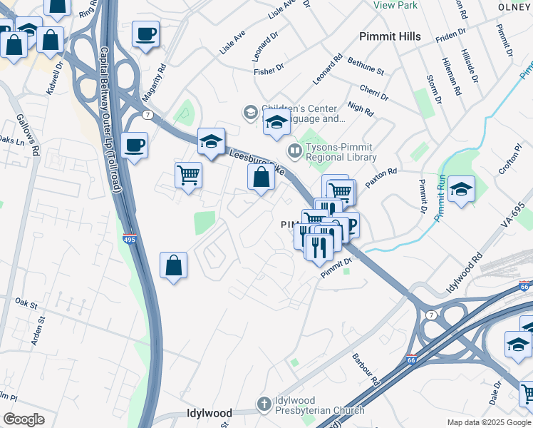 map of restaurants, bars, coffee shops, grocery stores, and more near 2103 Kings Garden Way in Falls Church