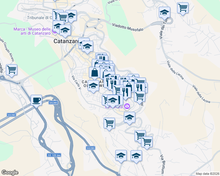 map of restaurants, bars, coffee shops, grocery stores, and more near 206 Corso G. Mazzini in Catanzaro