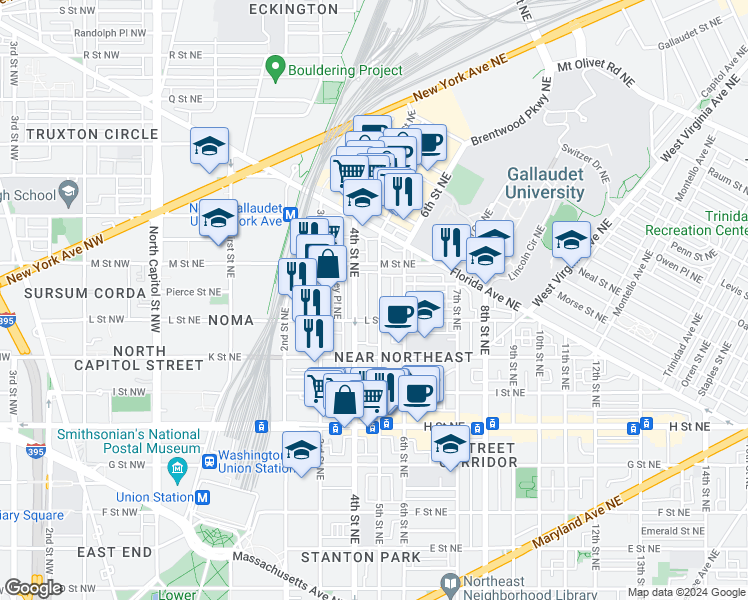 map of restaurants, bars, coffee shops, grocery stores, and more near 1124 5th Street Northeast in Washington