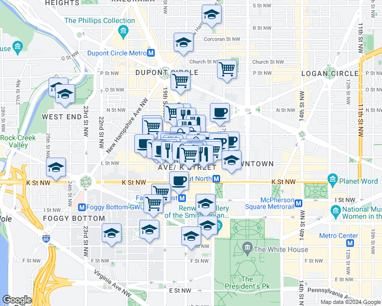 map of restaurants, bars, coffee shops, grocery stores, and more near 1111 18th Street Northwest in Washington