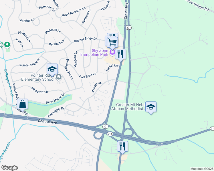 map of restaurants, bars, coffee shops, grocery stores, and more near 1110 Patriot Lane in Bowie