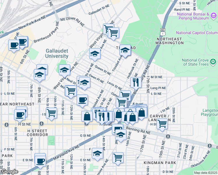 map of restaurants, bars, coffee shops, grocery stores, and more near 1410 Orren Street Northeast in Washington