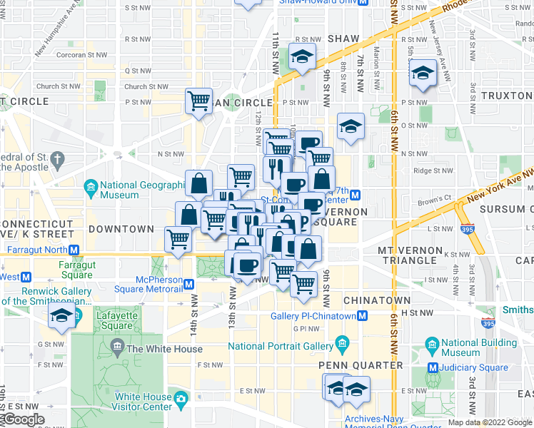 map of restaurants, bars, coffee shops, grocery stores, and more near 1107 Massachusetts Avenue Northwest in Washington