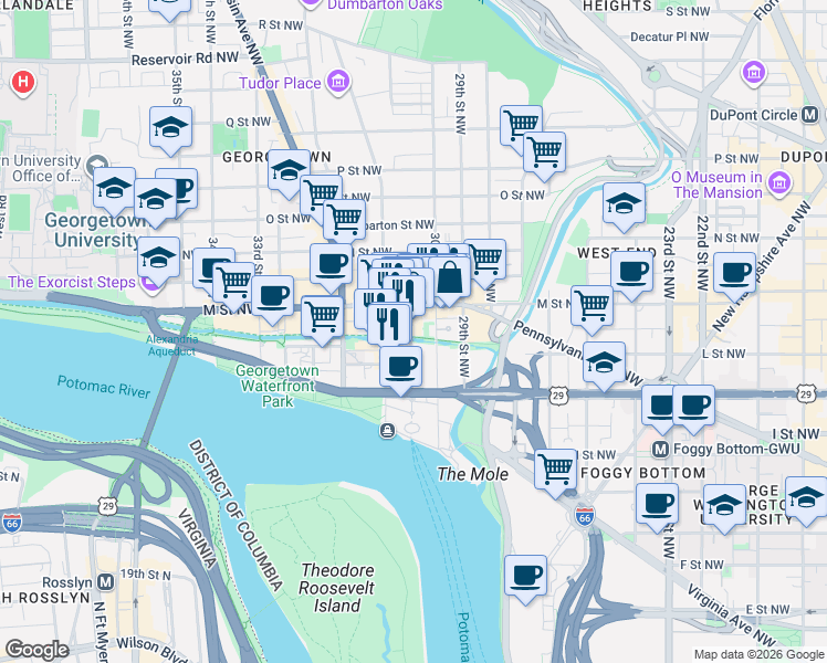 map of restaurants, bars, coffee shops, grocery stores, and more near 1061 Thomas Jefferson Street Northwest in Washington